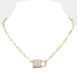 14K Gold Plated CZ Stone Paved Lock Pendant Necklace