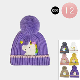 12PCS - Kids Unicorn Pom Pom Knit Winter Hat