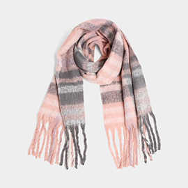 Plaid Oblong Scarf with Fringe