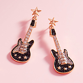 Stone Embellished Glittered Enamel Guitar Dangle Earrings