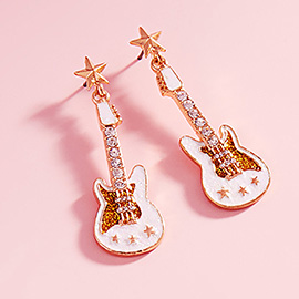 Stone Embellished Glittered Enamel Guitar Dangle Earrings