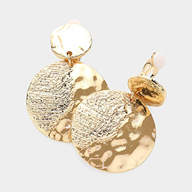 Textured Metal Disc Dangle Clip On Earrings