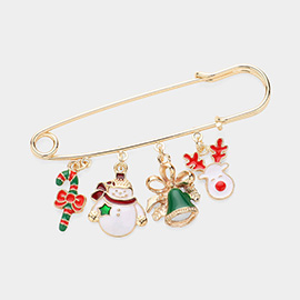 Enamel Rudolph Wreath Snowflake Charm Safety Pin Brooch