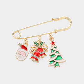 Enamel Santa Christmas Bell Tree Charm Safety Pin Brooch