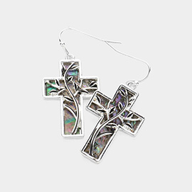 Leaf Vine Pointed Abalone Cross Dangle Earrings