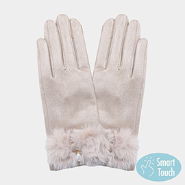 Pearl Pointed Fuzzy Bow Accented Smart Touch Gloves