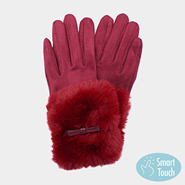 Bow Pointed Fuzzy Fur Collar Suede Smart Touch Gloves