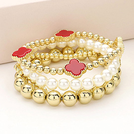 4PCS - Quatrefoil Pointed Metal Ball Pearl Beaded Stretch Multi Layered Bracelets