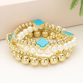 4PCS - Quatrefoil Pointed Metal Ball Pearl Beaded Stretch Multi Layered Bracelets