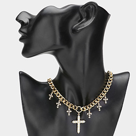 Stone Paved Cross Charm Station Chain Choker Necklace