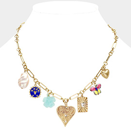 Pearl Clover Zodiac Heart Butterfly Heart Charm Embellished Necklace