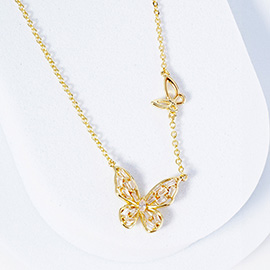 Gold Dipped CZ Stone Paved Butterfly Pendant Necklace