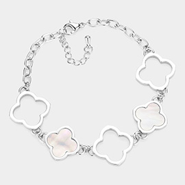 Stainless Steel Mother Of Pearl Quatrefoil Link Bracelet