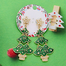 Stone Paved Enamel Christmas Tree Dangle Earrings