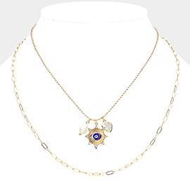 Pearl Evil Eye Stone Heart Pendant Pointed Layered Necklace