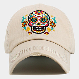 Sugar Skull Patch Accented Vintage Baseball Cap