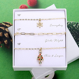 3PCS - Stone Paved Snowflake Christmas Tree Pendant Paperclip Chain Necklaces