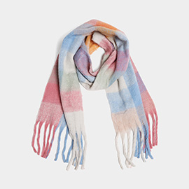 Checkered Oblong Scarf with Fringe