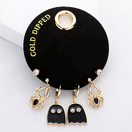 SECRET BOX_Gold Dipped Enamel Ghost Spider Stone Stud 3 Pairs Earring Set