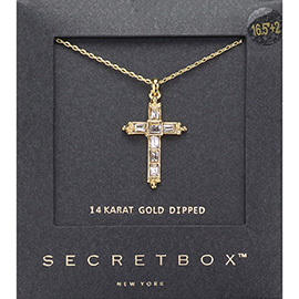 SECRET BOX_14K Gold Dipped Stone Embellished Cross Pendant Necklace