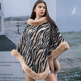 Faux Fur Zebra Pattern Poncho Cape