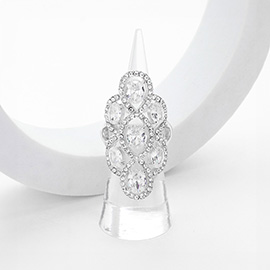 White Gold Plated Oval CZ Stone Embellished Flower Stretch Ring