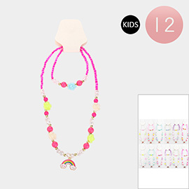 12PCS - Kids Enamel Rainbow Pendant Pointed Rose Beaded Stretch Necklace Bracelet Set