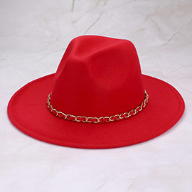 Faux Leather Braided Chain Band Pointed Fedora Hat