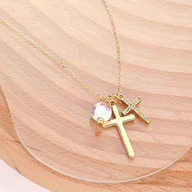 Metal Stone Paved Cross Porcelain Ball Pendant Necklace