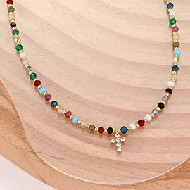 Stone Paved Cross Pendant Pointed Faceted Beaded Choker Necklace