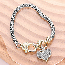 Two Tone CZ Stone Paved Heart Charm Pointed Bracelet