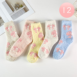 12Pairs - Ribbon Pattern Fuzzy Socks