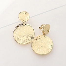 Textured Metal Disc Dangle Clip On Earrings