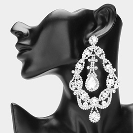 Oval Stone Cluster Pointed Rhinestone Paved Chandelier Evening Earrings