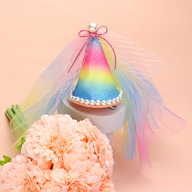 Pearl Bow Pointed Ombre Tulle Birthday Hat Hair Clip