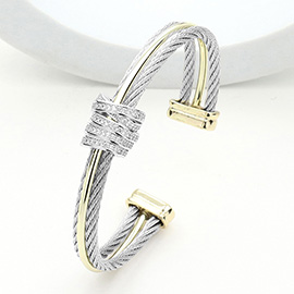 CZ Stone Paved Crisscross Bar Pointed Two Tone Cable Cuff Bracelet