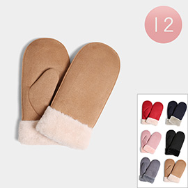 12Pairs - Suede Faux Fur Cuff Mittens