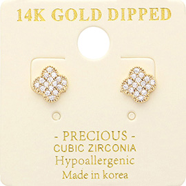 14K Gold Dipped CZ Stone Paved Quatrefoil Stud Earrings