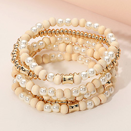 6PCS - Pearl Wood Ball Beaded Stretch Multi Layered Bracelets