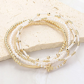 5PCS - Pearl Metal Ball Beaded Stretch Multi Layered Bracelet