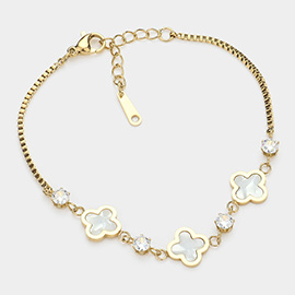 Stainless Steel Quatrefoil Stone Bezel Station Bracelet