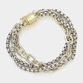 14K Gold Plated Two Tone CZ Stone Paved Multi Chain Layered Magnetic Bracelet