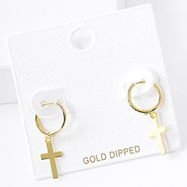 Gold Dipped Cross Dangle Huggie Hoop Earrings