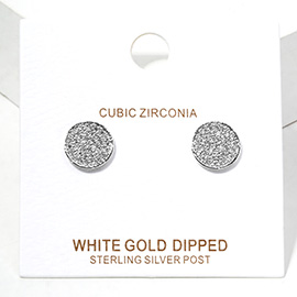 White Gold Dipped CZ Stone Paved Disc Stud Earrings