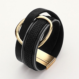 Leather Chain Wrap Open Metal Pointed Magnetic Bracelet