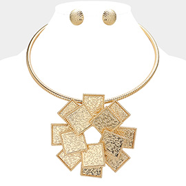 Geometric Textured Square Pendant Statement Necklace