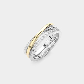 Two Tone CZ Stone Paved Crisscross Ring