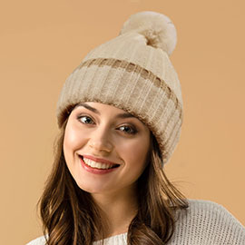 Ribbed Knit Pom Pom Beanie Hat