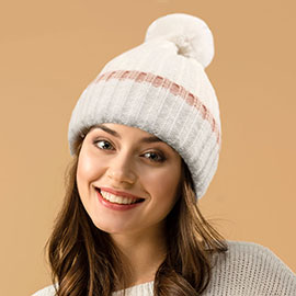 Ribbed Knit Pom Pom Beanie Hat