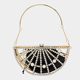 Pearl Stone Embellished Hollow Out Half Moon Evening Bag